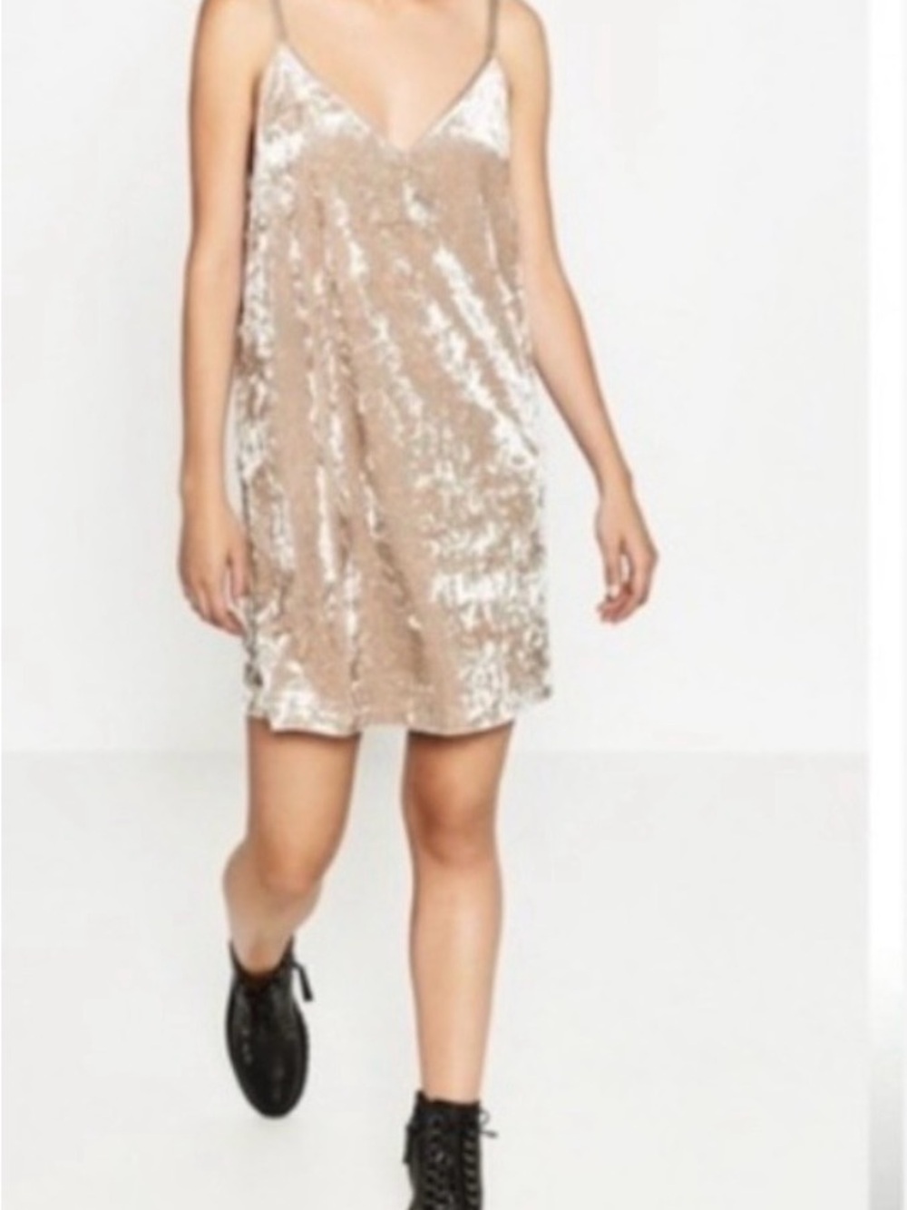 Zara Velvet Small Slip Dress in Champagne - Women's V-Neck Spaghetti Strap